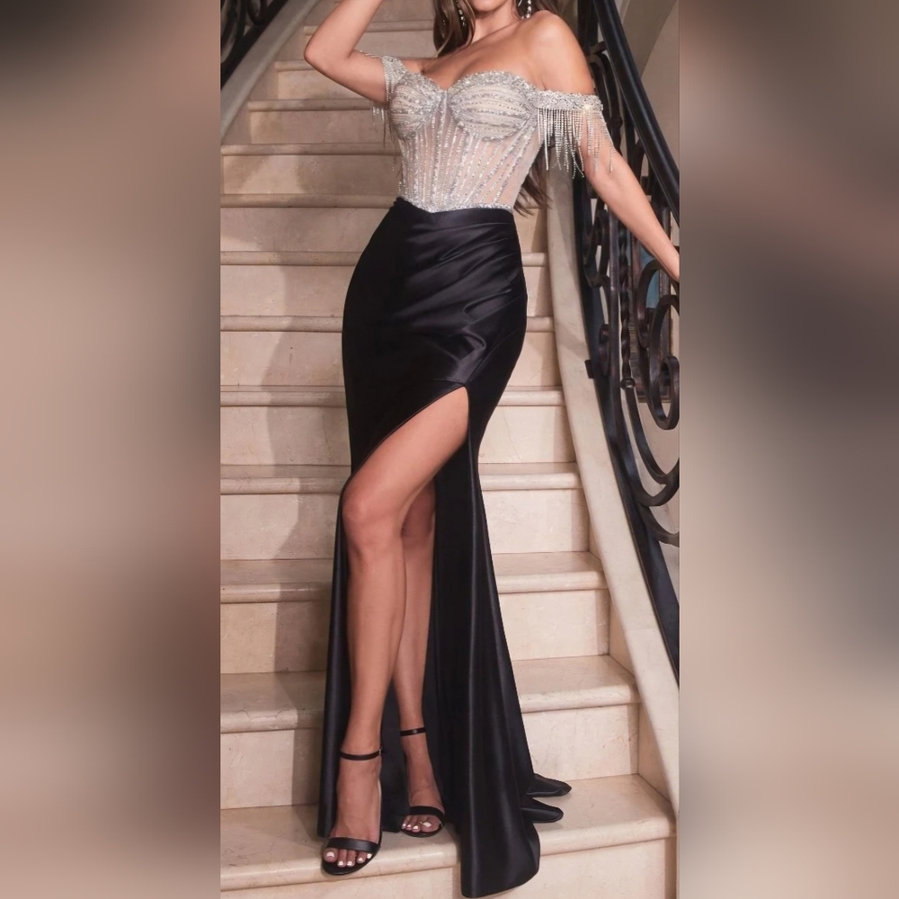 Ladivine Elegant Black Satin Gown with High Slit